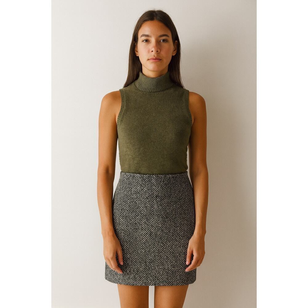 Shelli Segal Wool Blend Leather Herringbone Skirt Vintage 90s size 8 - Picture 1 of 8
